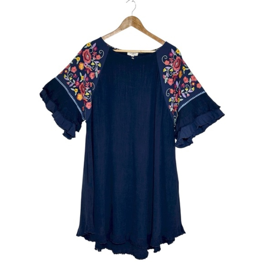 Umgee Linen Cotton Blend Short Sleeve Pockets Raw Edges Embroidery Navy Dress L